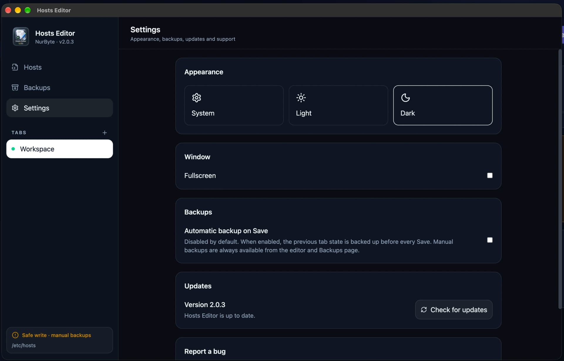 Hosts Editor application settings and hosts management interface